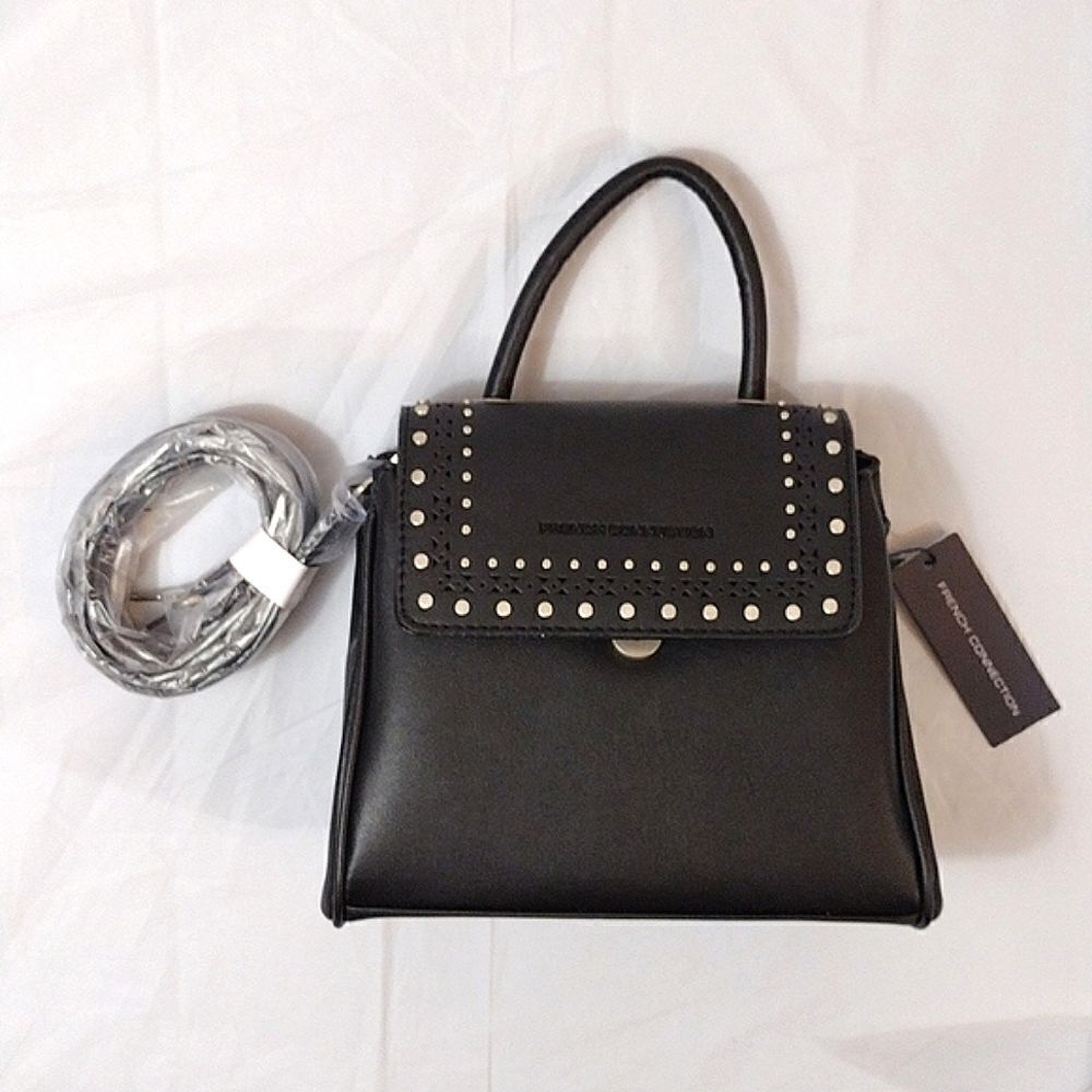 French Connection Bellita Black Stud Mini Crossbody with Top Handle NWT